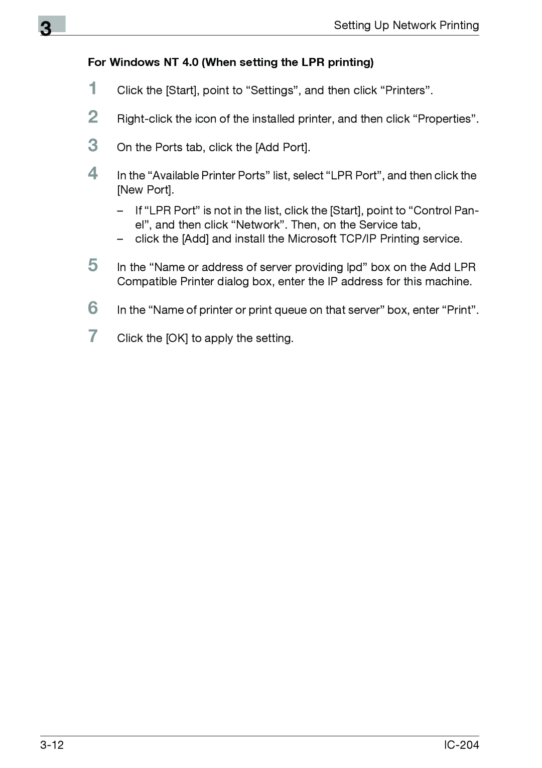 Konica Minolta IC-204 manual For Windows NT 4.0 When setting the LPR printing 