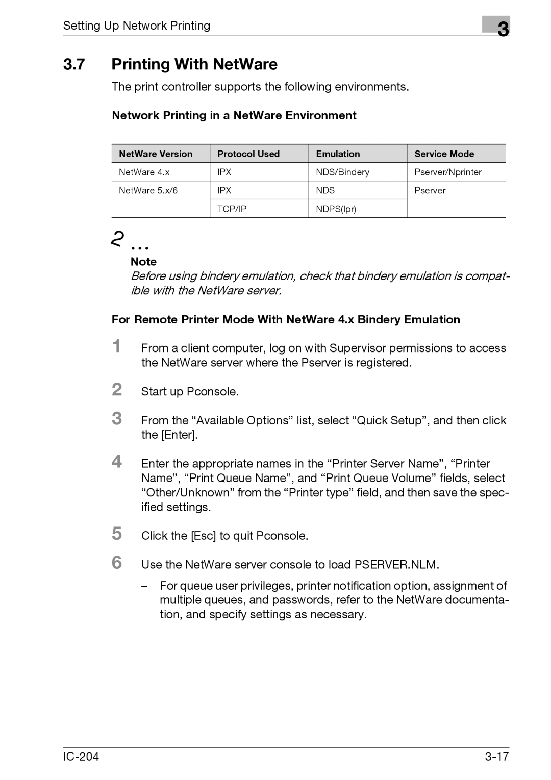 Konica Minolta IC-204 manual Printing With NetWare, For Remote Printer Mode With NetWare 4.x Bindery Emulation 