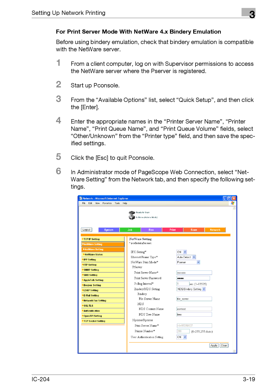 Konica Minolta IC-204 manual For Print Server Mode With NetWare 4.x Bindery Emulation 