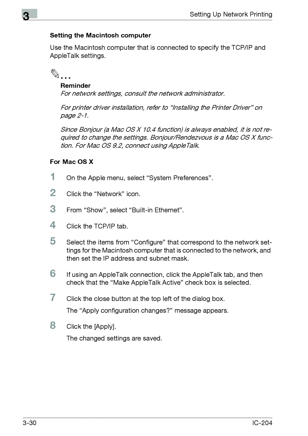 Konica Minolta IC-204 manual Setting the Macintosh computer, Reminder 