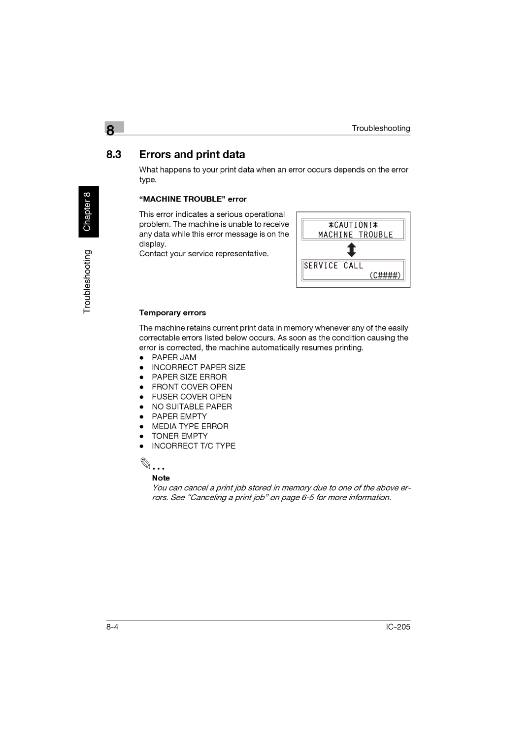 Konica Minolta IC-205 manual Errors and print data, Machine Trouble error 