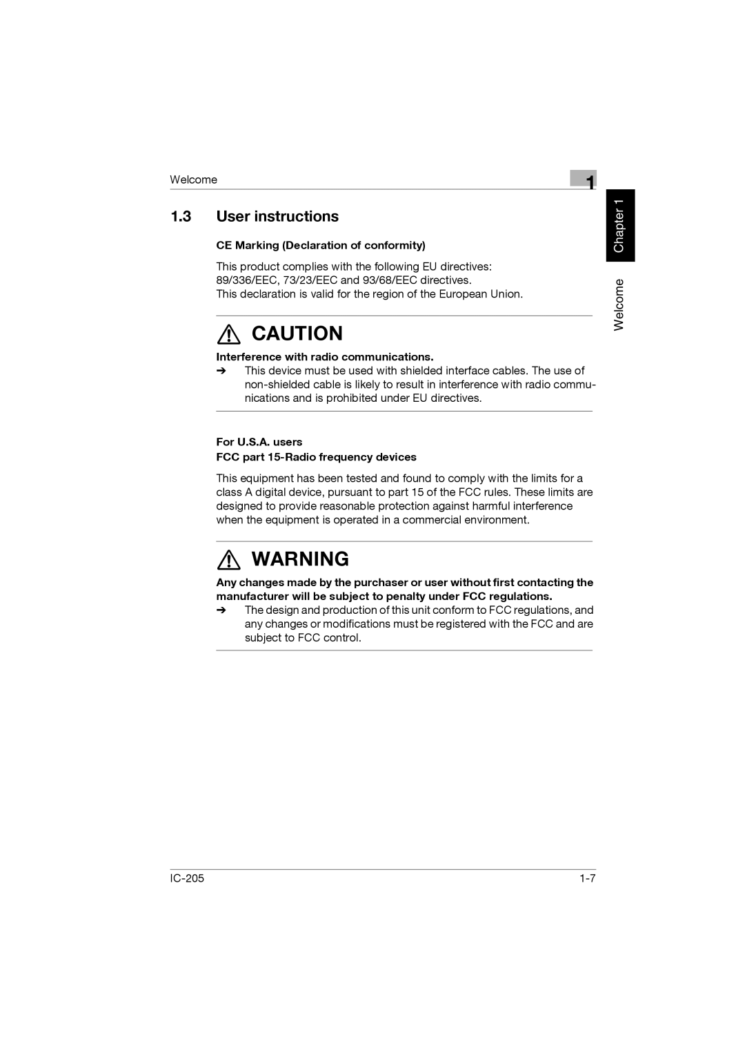 Konica Minolta IC-205 User instructions, CE Marking Declaration of conformity, Interference with radio communications 