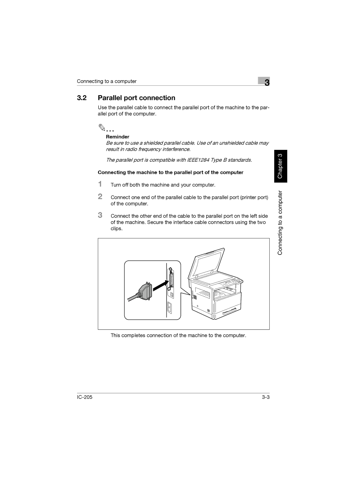 Konica Minolta IC-205 manual Parallel port connection, Reminder 