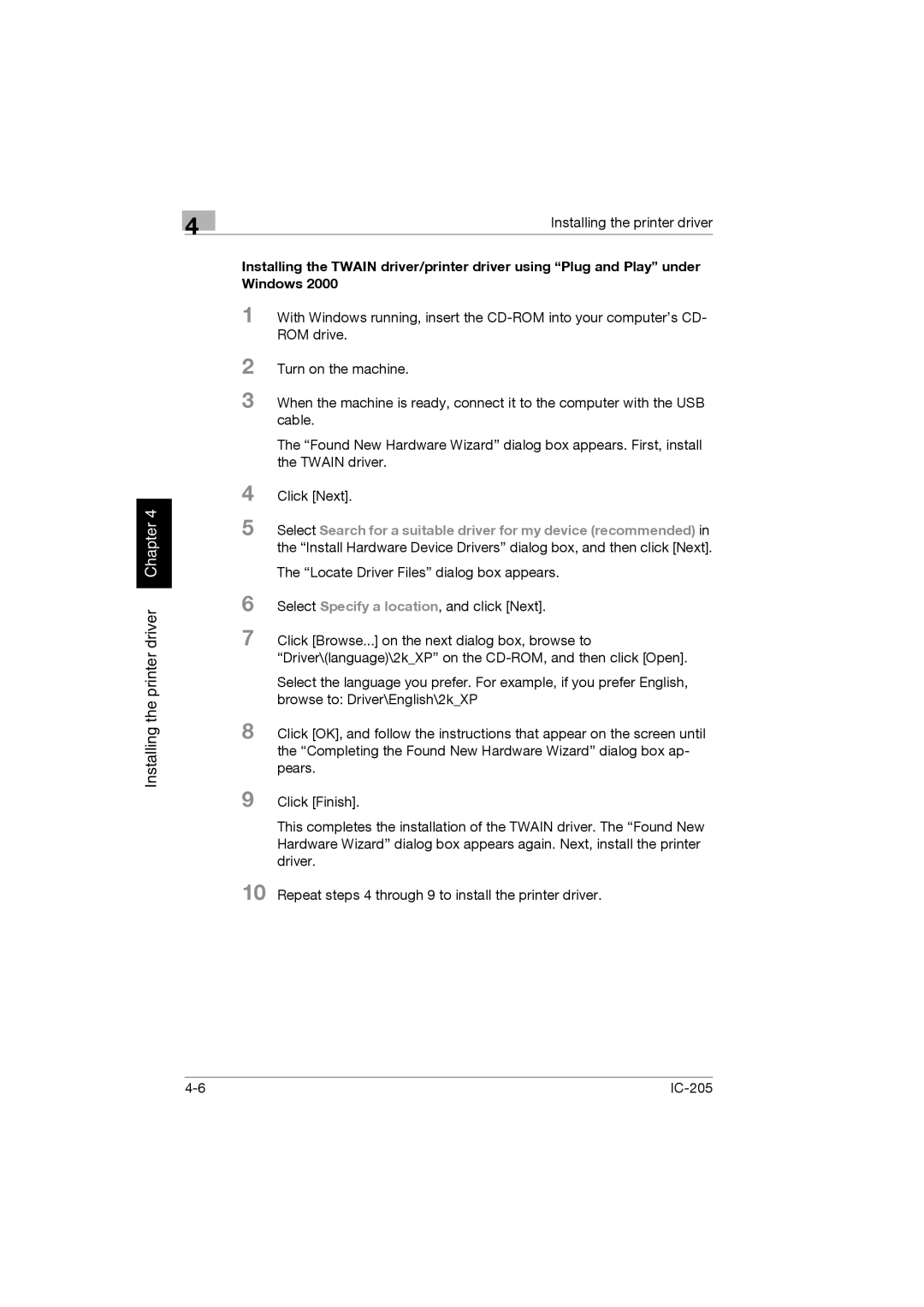 Konica Minolta IC-205 manual Installing the printer driver Chapter 