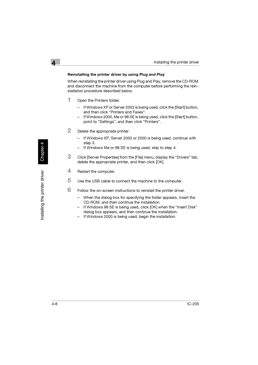 Konica Minolta IC-205 manual Reinstalling the printer driver by using Plug and Play 