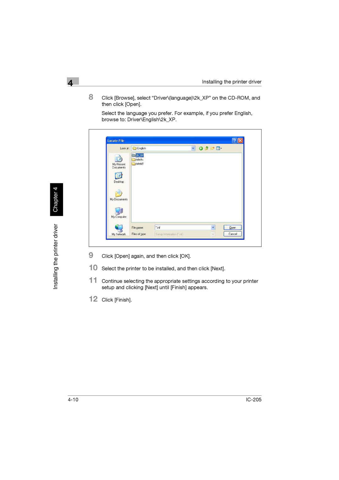 Konica Minolta IC-205 manual Installing the printer driver Chapter 