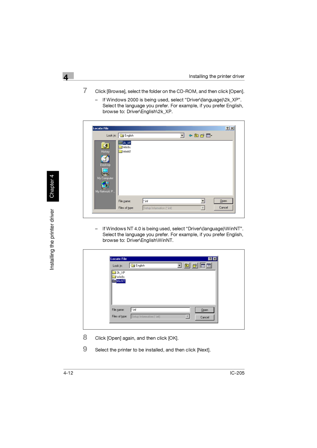 Konica Minolta IC-205 manual Installing the printer driver Chapter 