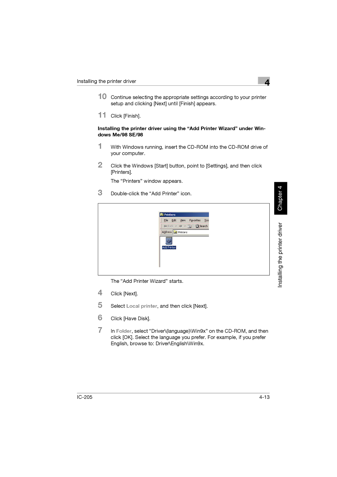 Konica Minolta IC-205 manual Installing the printer driver Chapter 