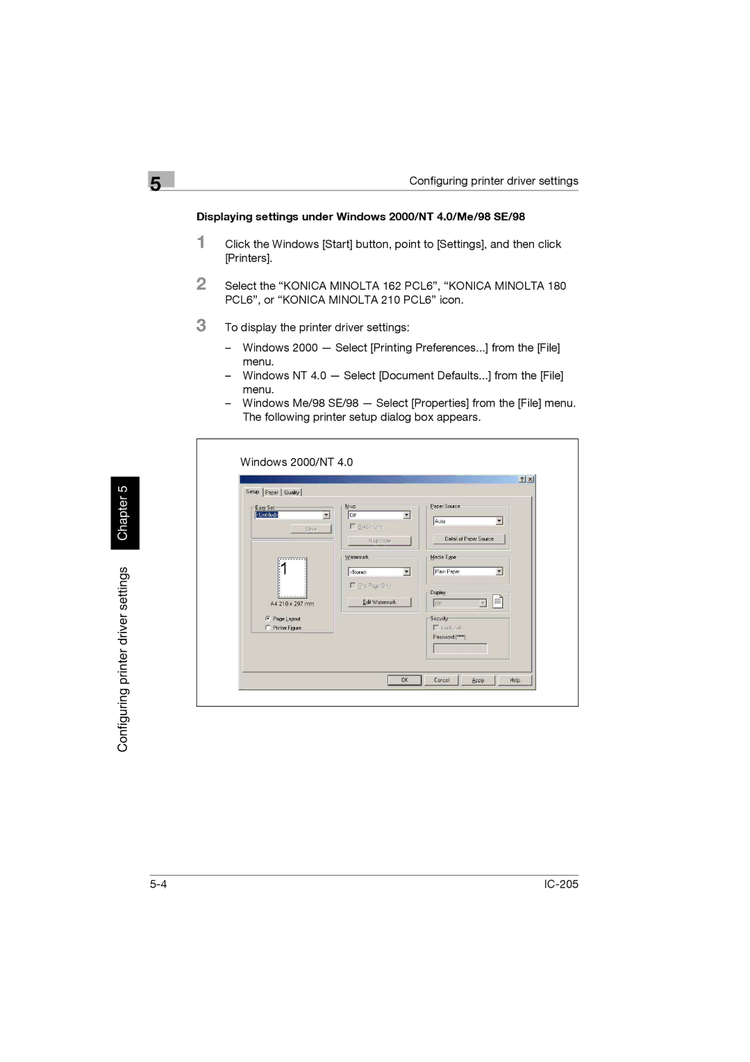 Konica Minolta IC-205 manual Displaying settings under Windows 2000/NT 4.0/Me/98 SE/98 