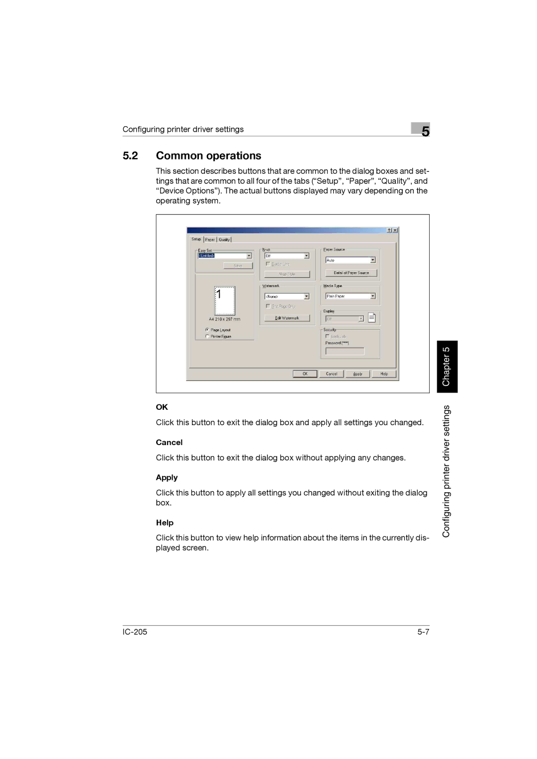 Konica Minolta IC-205 manual Common operations, Cancel, Apply, Help 