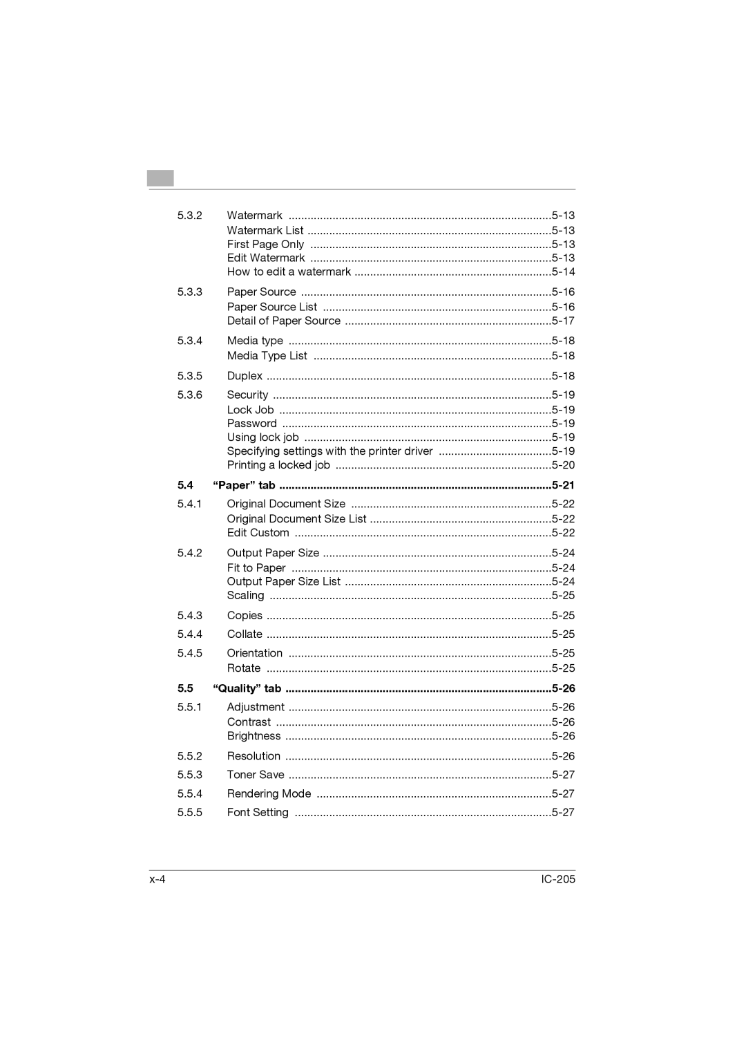 Konica Minolta IC-205 manual Paper tab, Quality tab 