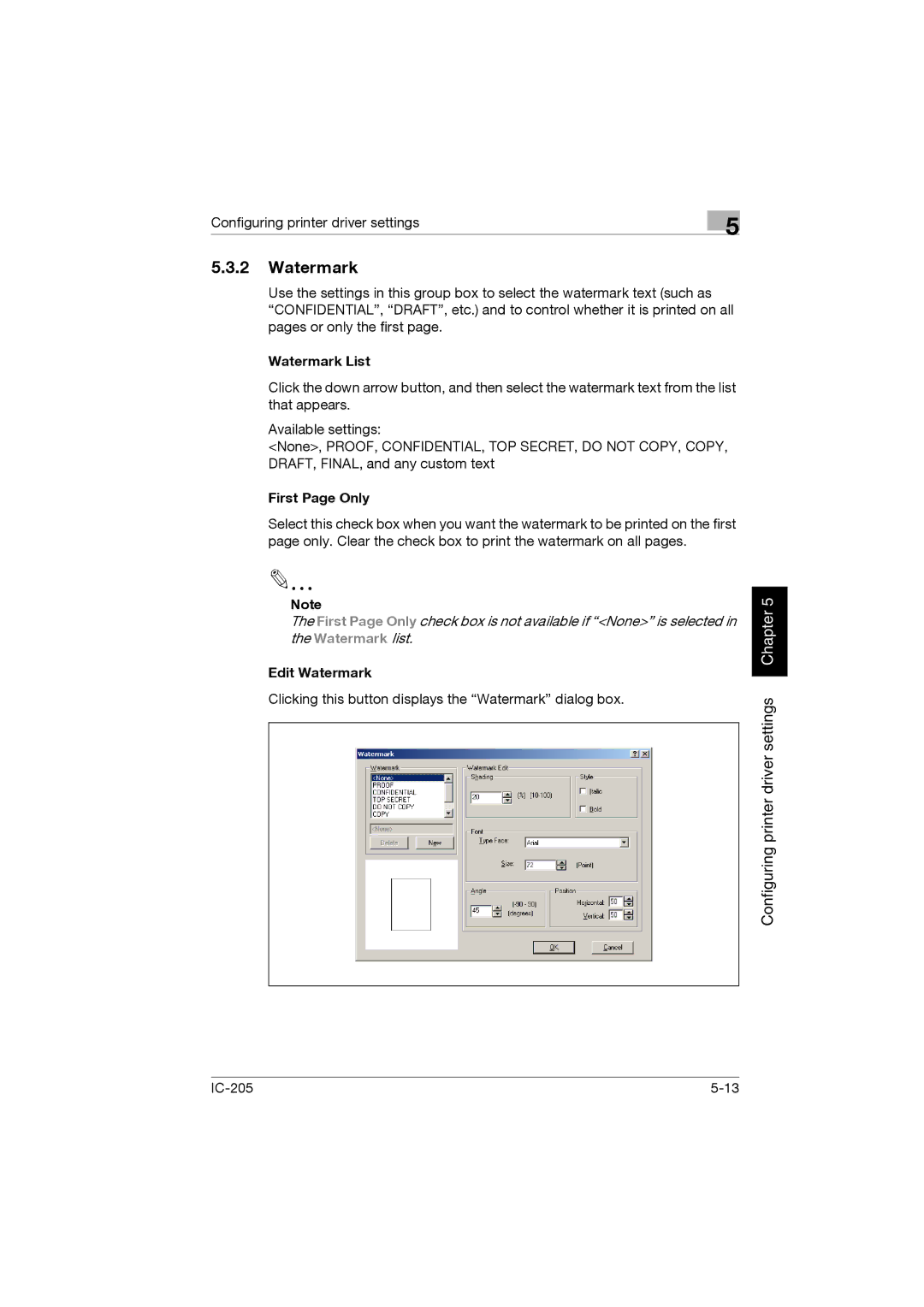 Konica Minolta IC-205 manual Watermark List, First Page Only, Edit Watermark 