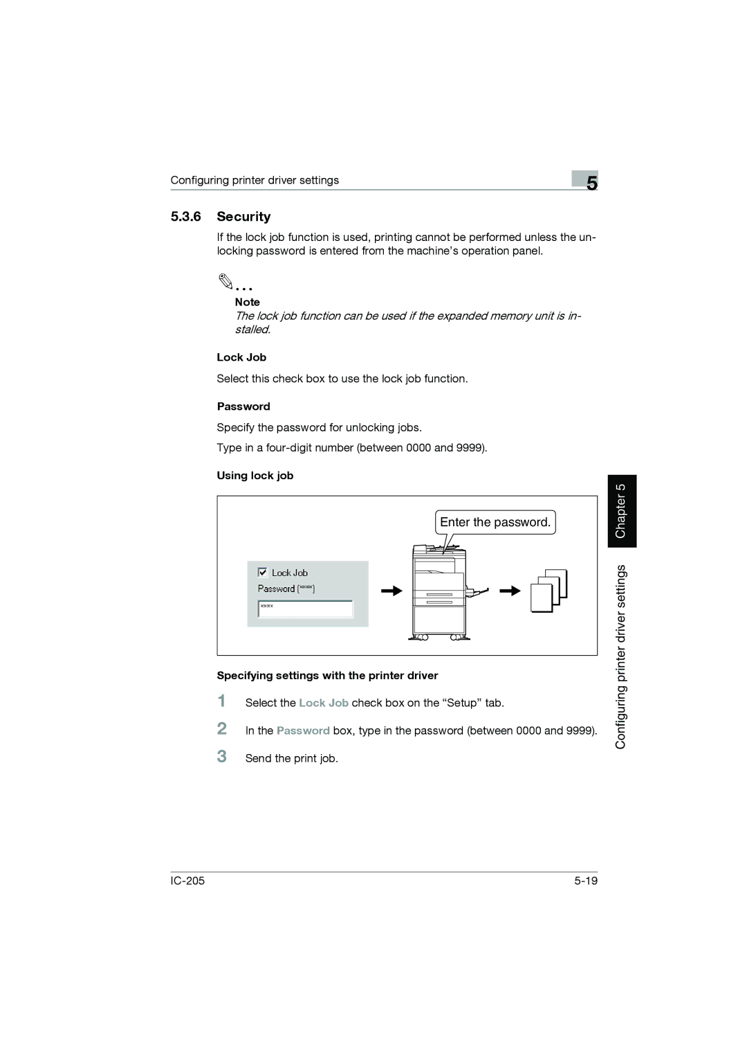 Konica Minolta IC-205 manual Security, Lock Job, Password, Using lock job, Specifying settings with the printer driver 