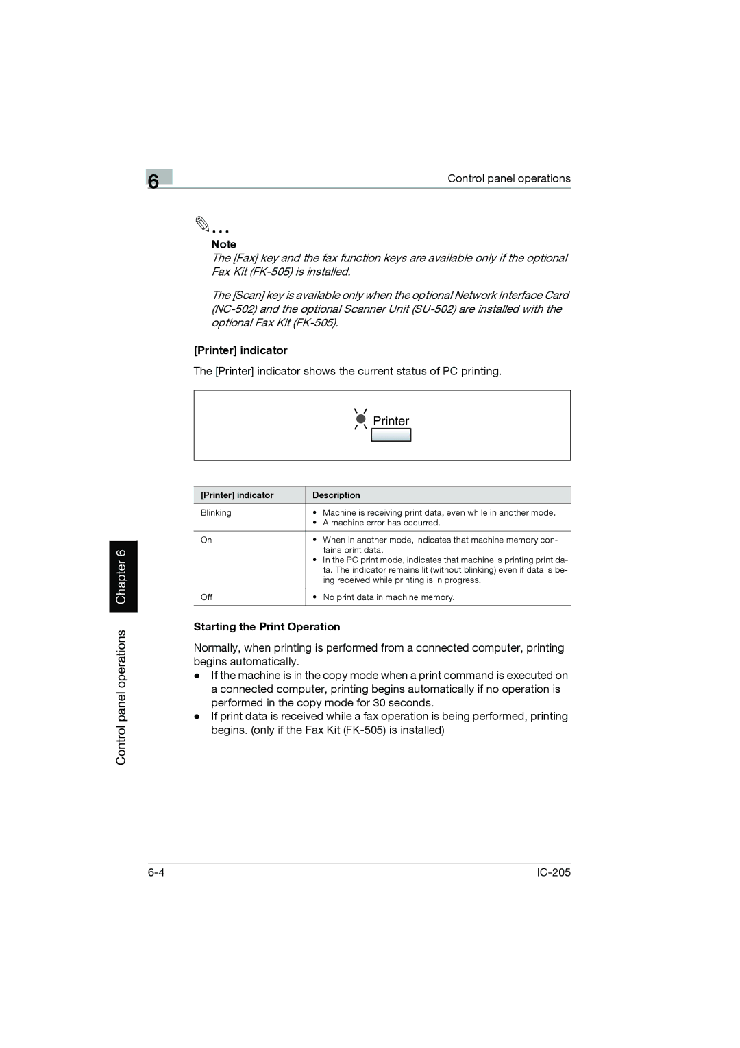 Konica Minolta IC-205 manual Printer indicator, Starting the Print Operation 