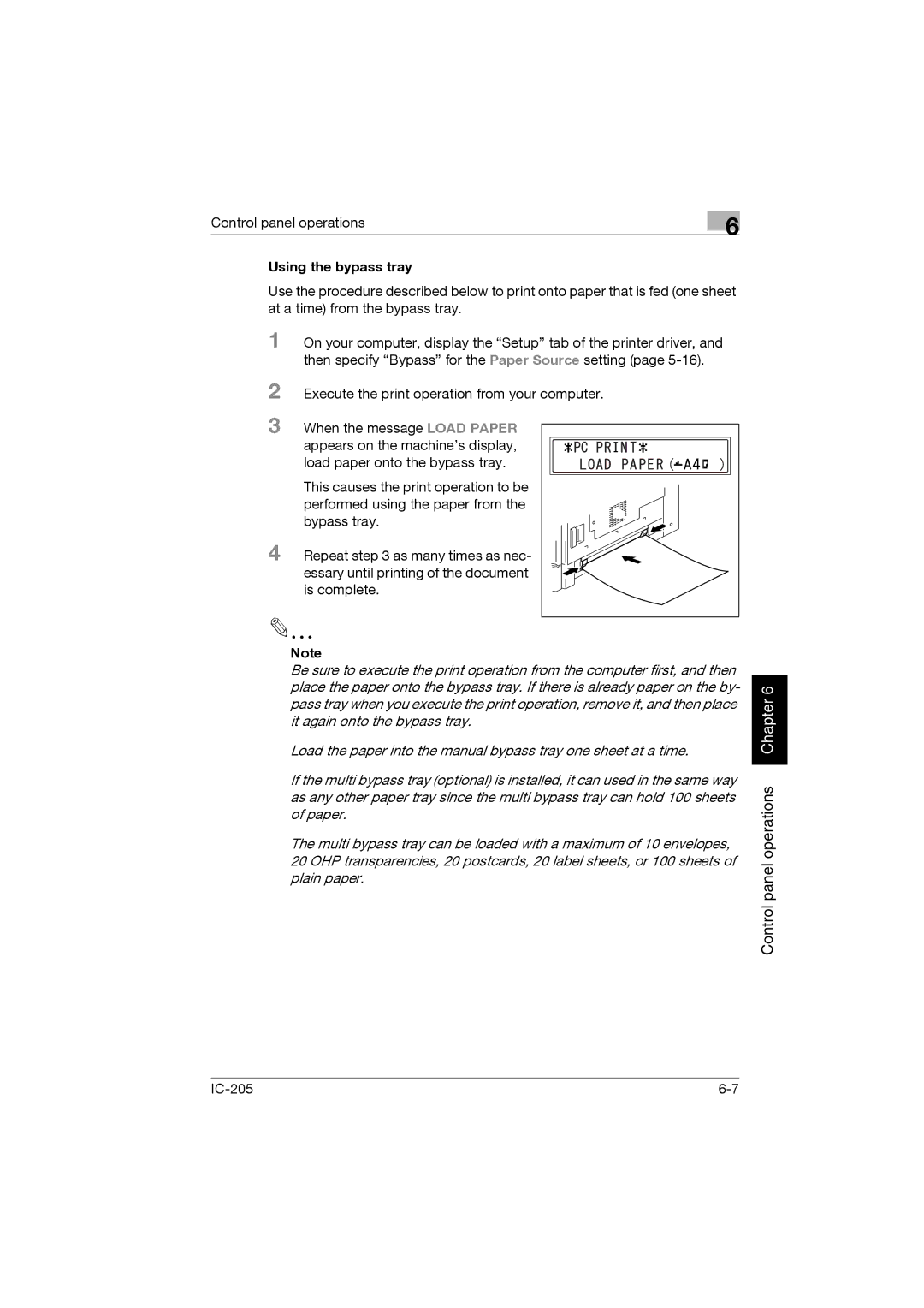 Konica Minolta IC-205 manual Using the bypass tray 