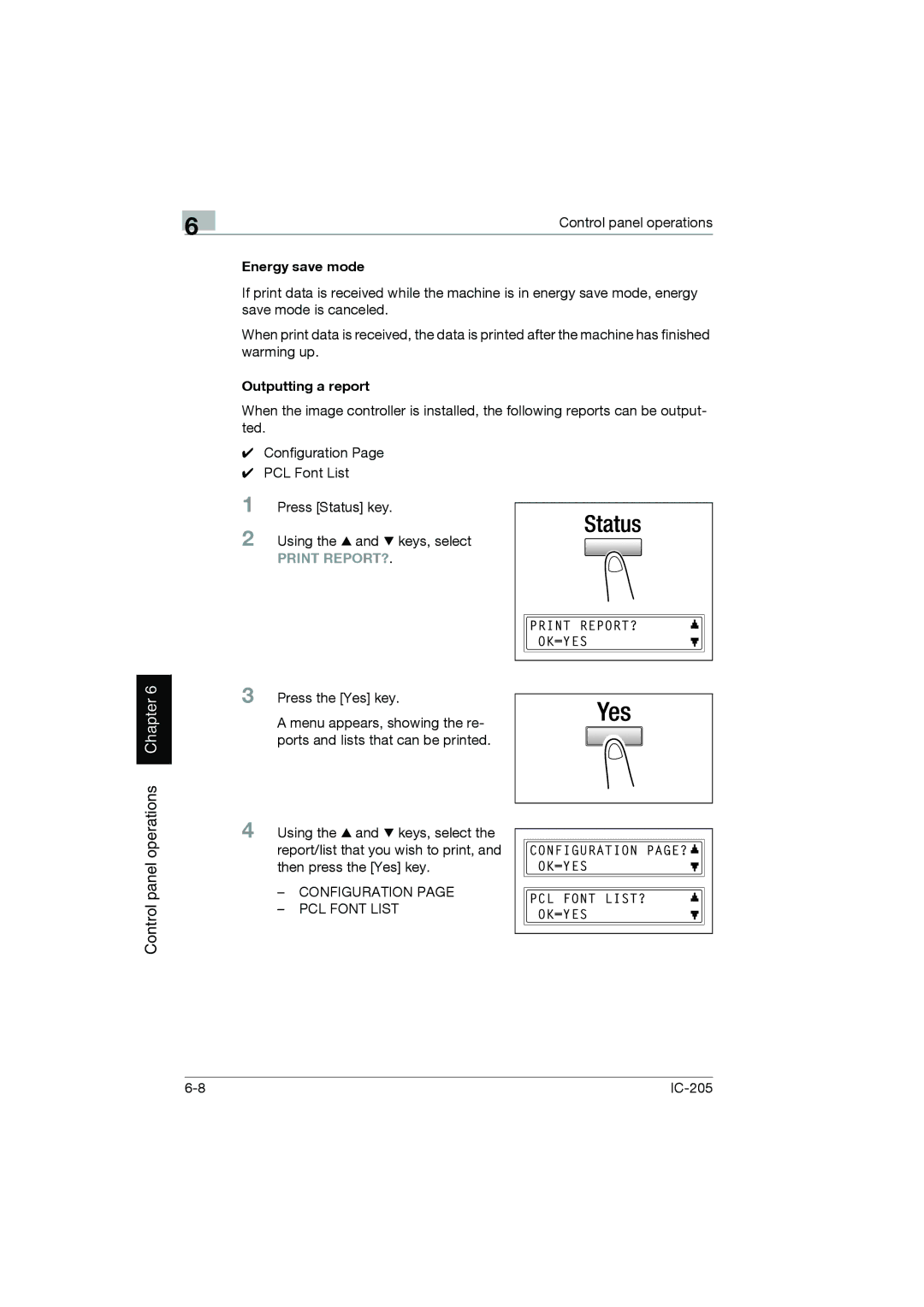 Konica Minolta IC-205 manual Energy save mode, Outputting a report 