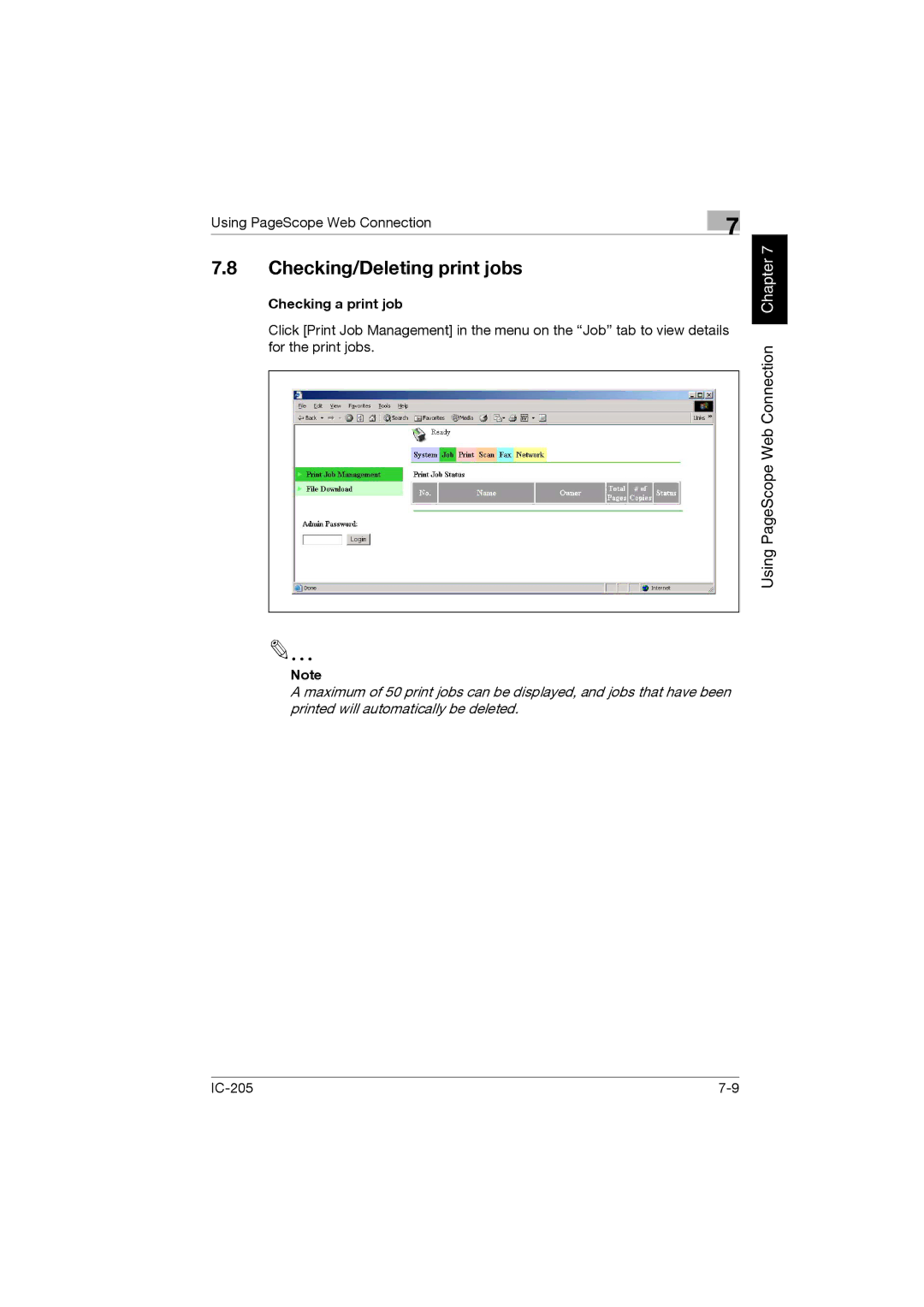 Konica Minolta IC-205 manual Checking/Deleting print jobs, Checking a print job 