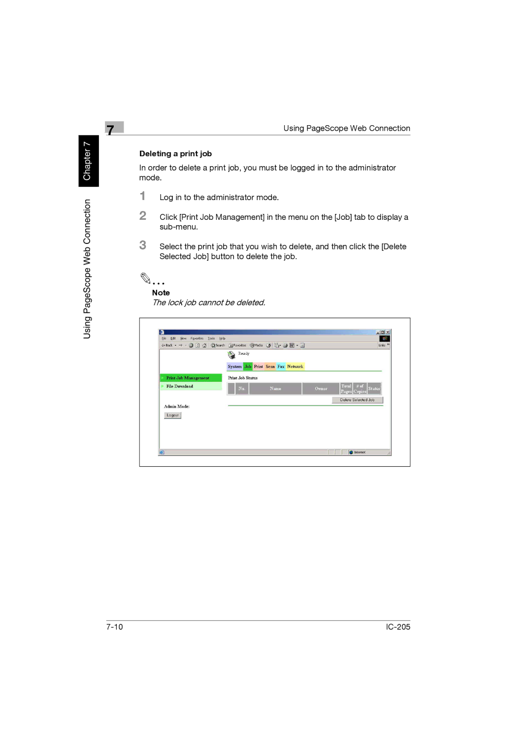 Konica Minolta IC-205 manual Lock job cannot be deleted 