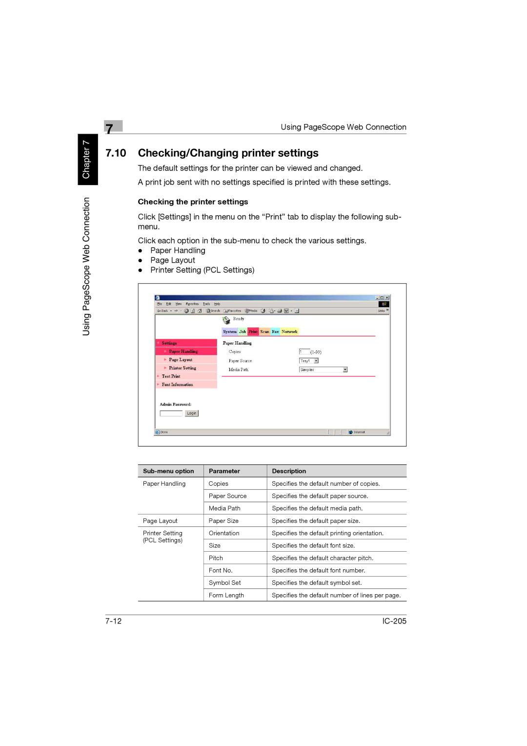 Konica Minolta IC-205 manual Checking/Changing printer settings, Sub-menu option Parameter Description 