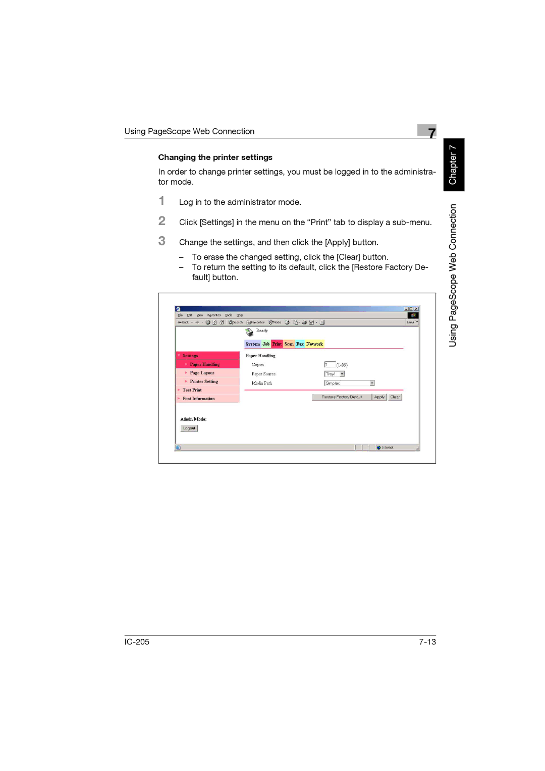 Konica Minolta IC-205 manual Changing the printer settings 