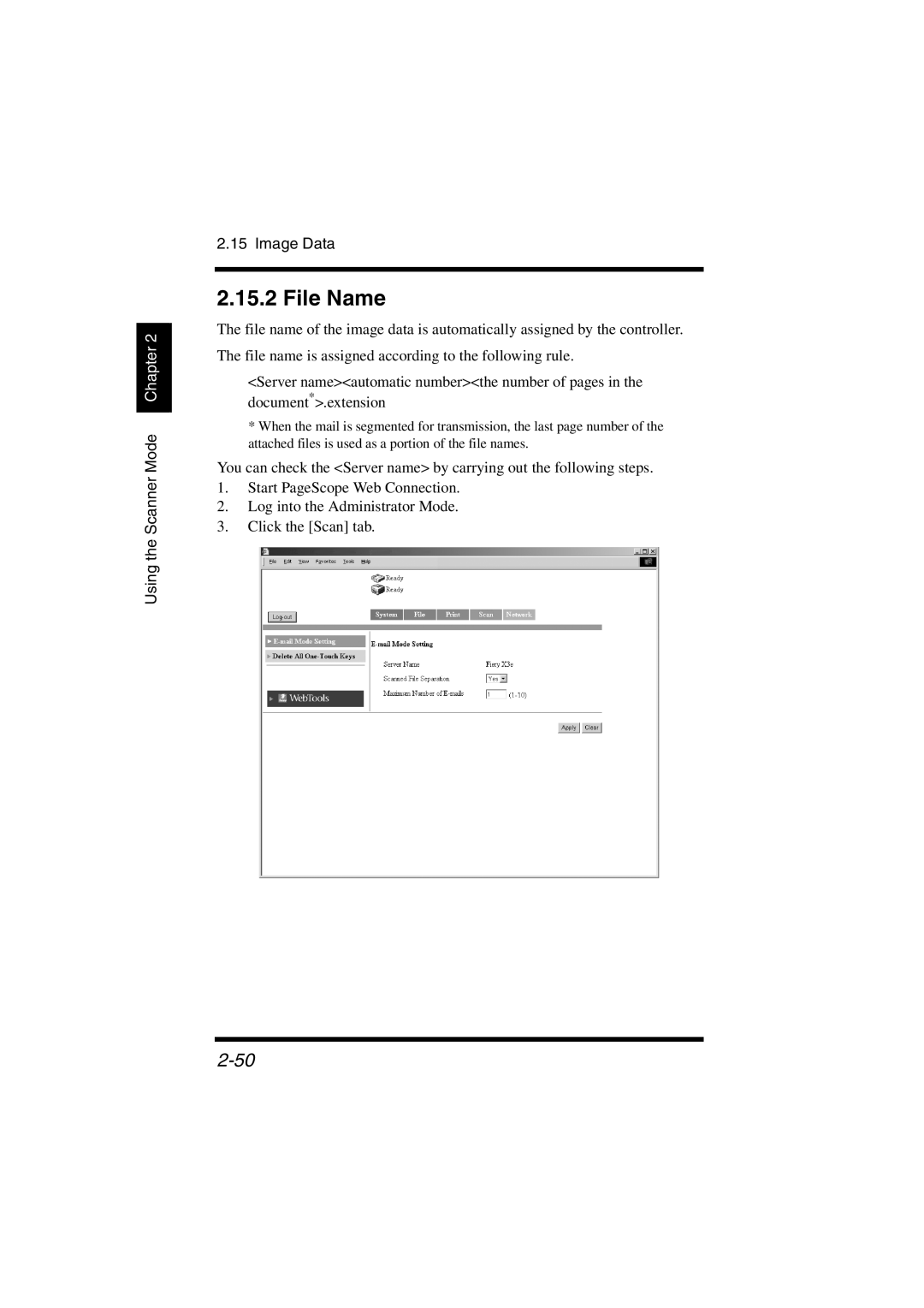 Konica Minolta IC-401 manual File Name, Using the Scanner Mode Chapter Image Data 