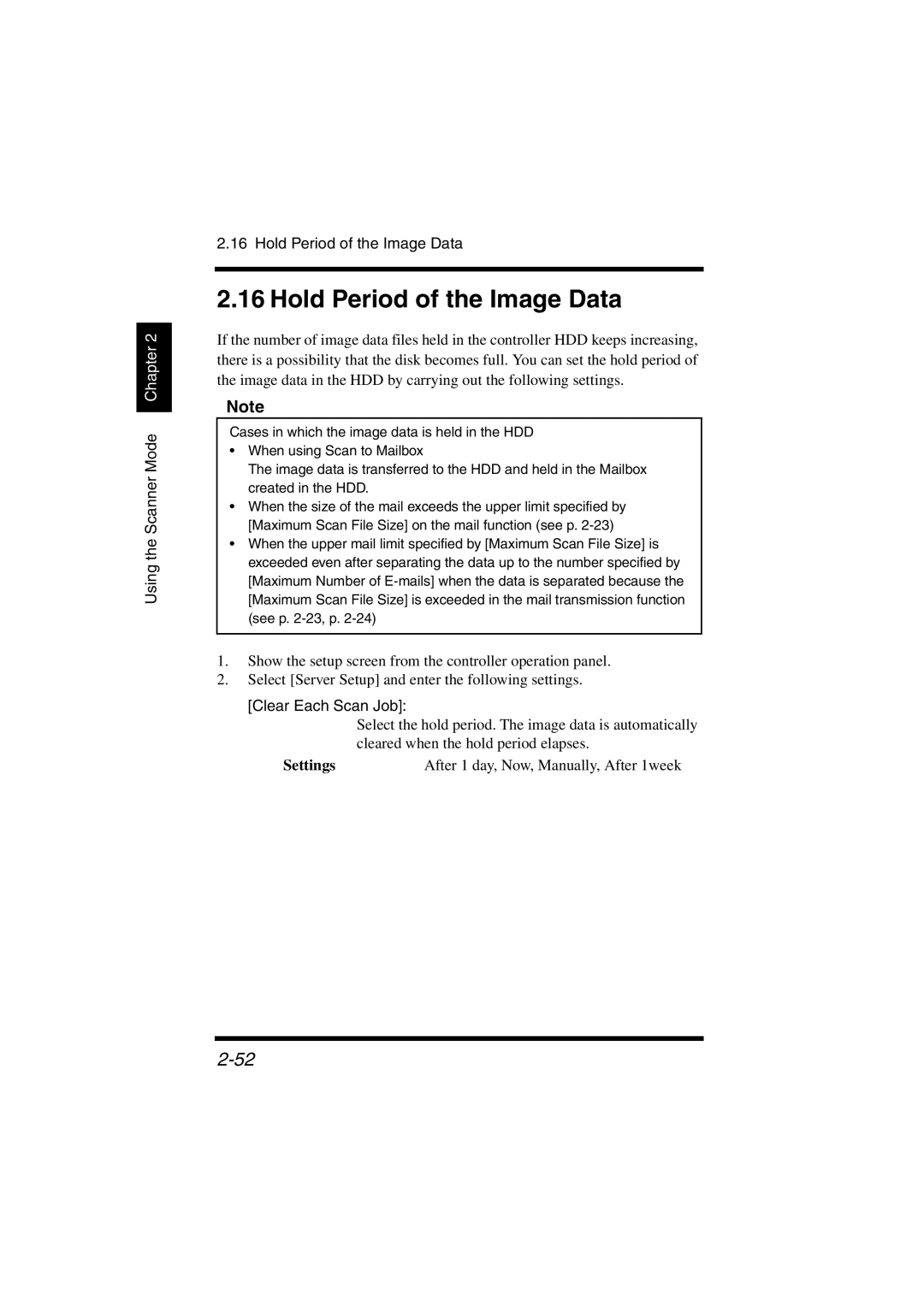 Konica Minolta IC-401 manual Hold Period of the Image Data, Clear Each Scan Job 