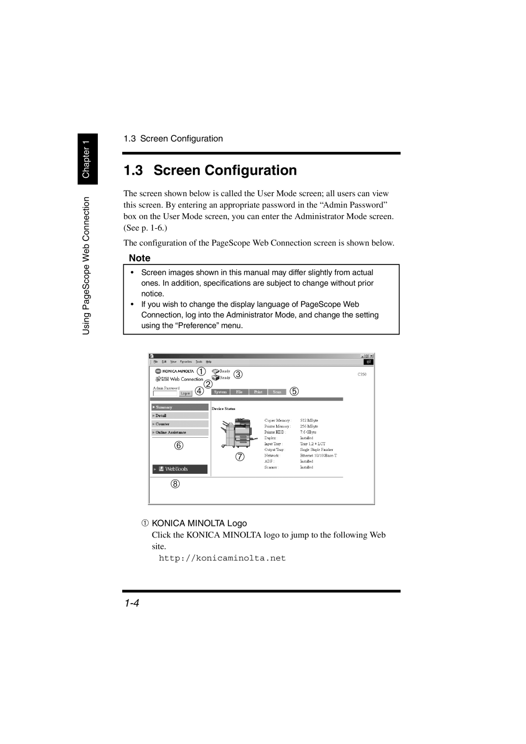 Konica Minolta IC-401 manual Using PageScope Web Connection Chapter Screen Configuration, ➀ Konica Minolta Logo 