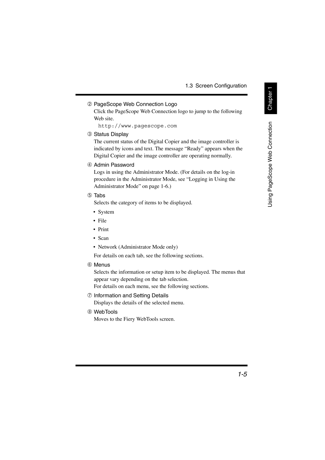 Konica Minolta IC-401 Screen Configuration ➁ PageScope Web Connection Logo, ➂ Status Display, ➃ Admin Password, ➄ Tabs 