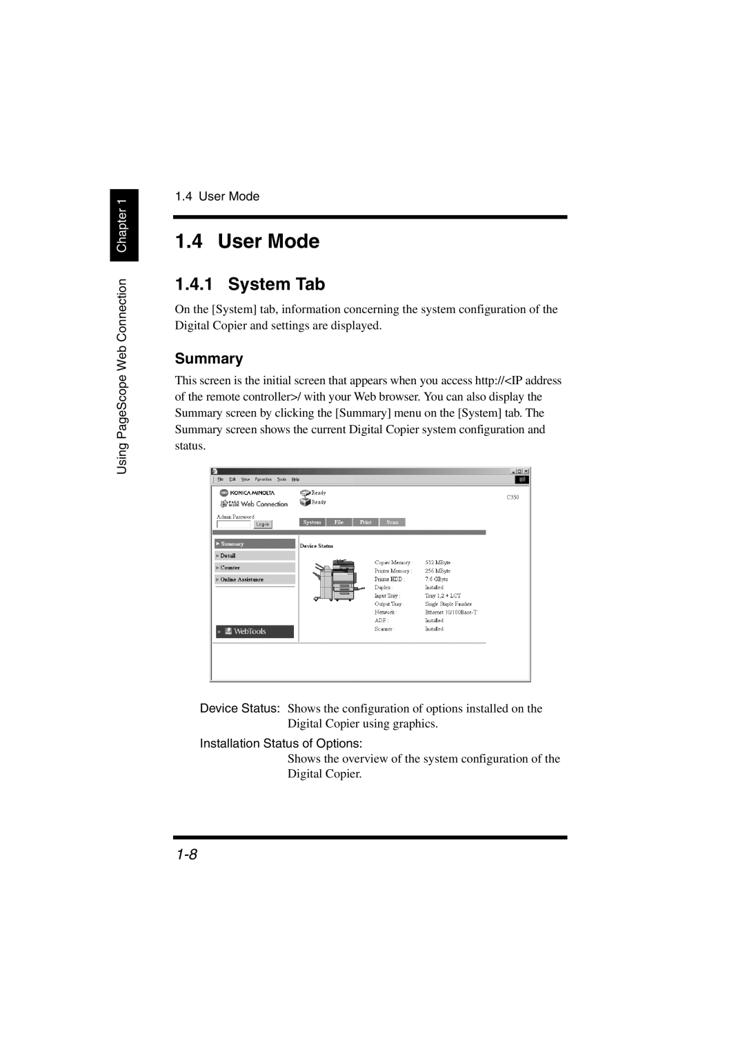 Konica Minolta IC-401 manual System Tab, Summary, Using PageScope Web Connection Chapter User Mode 