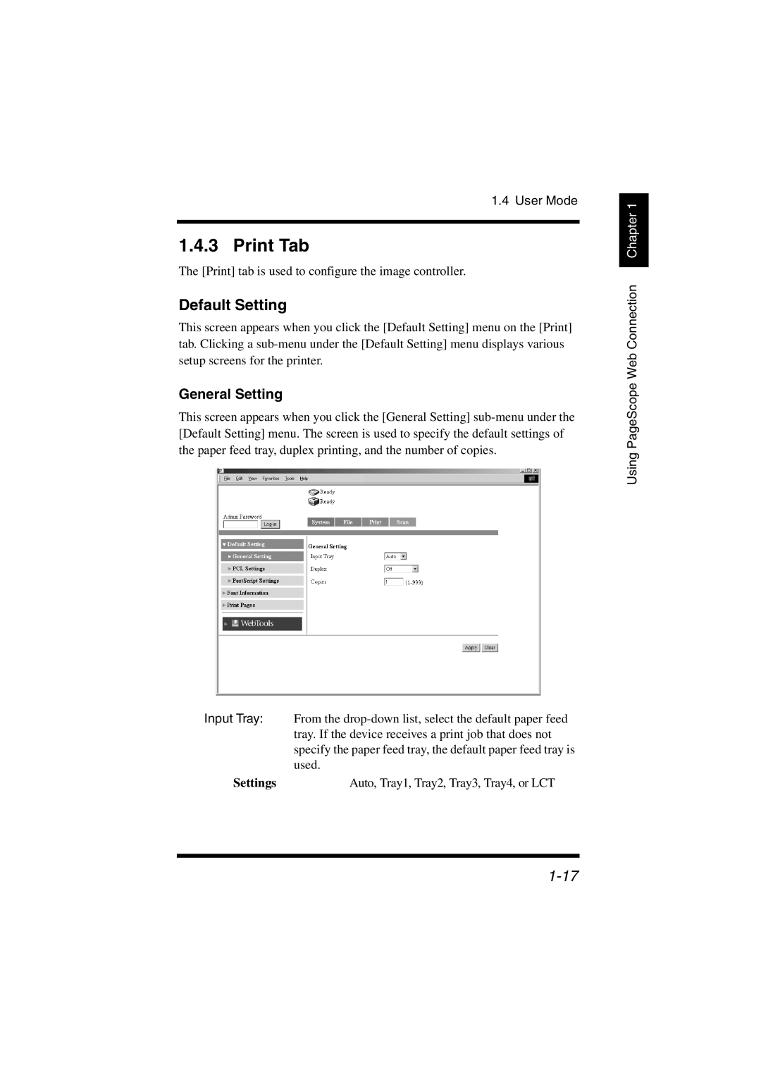 Konica Minolta IC-401 manual Print Tab, Default Setting, General Setting 