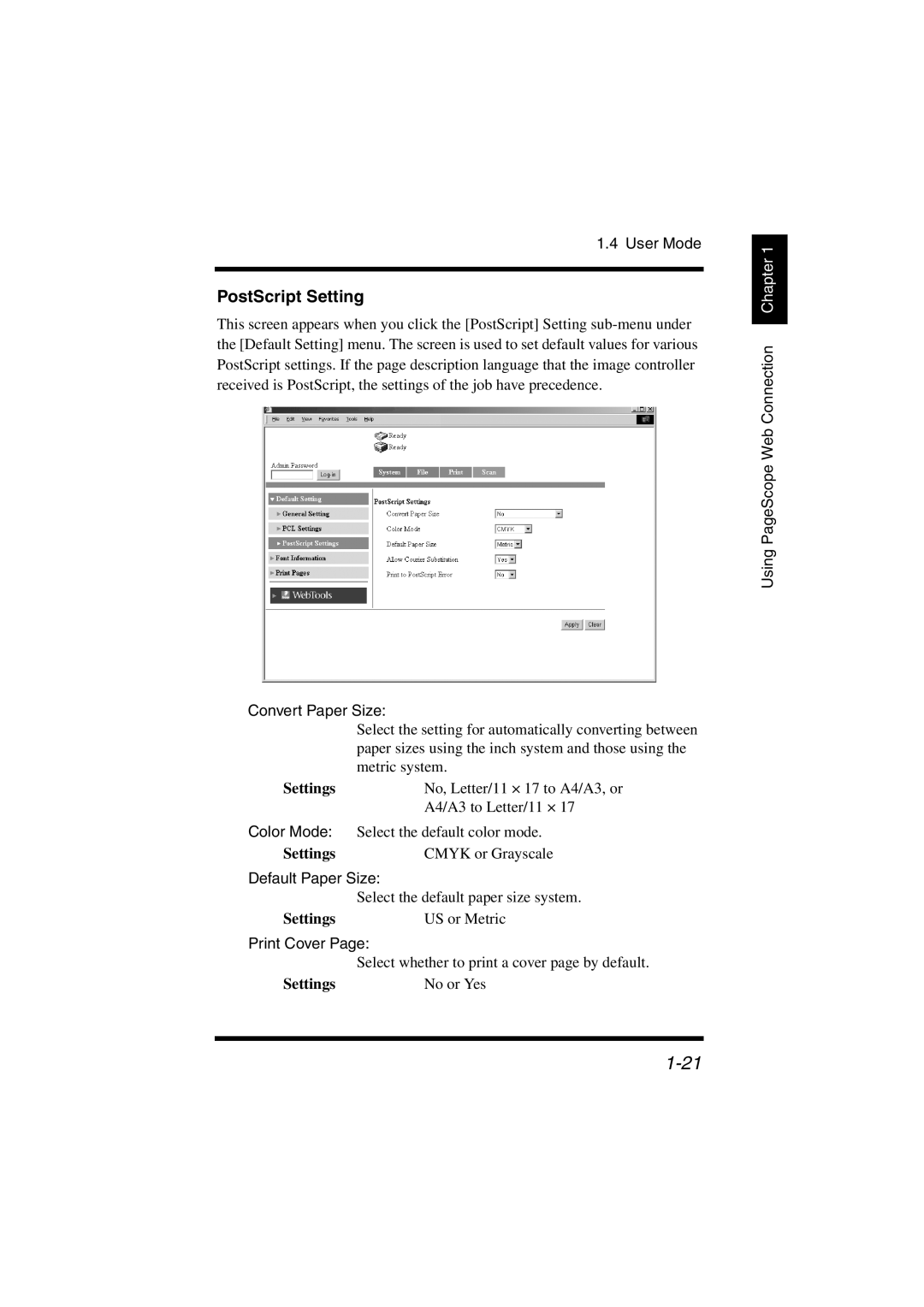 Konica Minolta IC-401 manual PostScript Setting, Convert Paper Size, Color Mode, Default Paper Size, Print Cover 