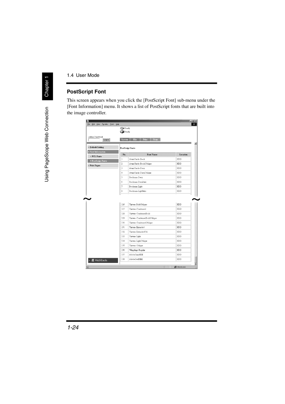 Konica Minolta IC-401 manual PostScript Font, Using PageScope Web Connection Chapter User Mode 