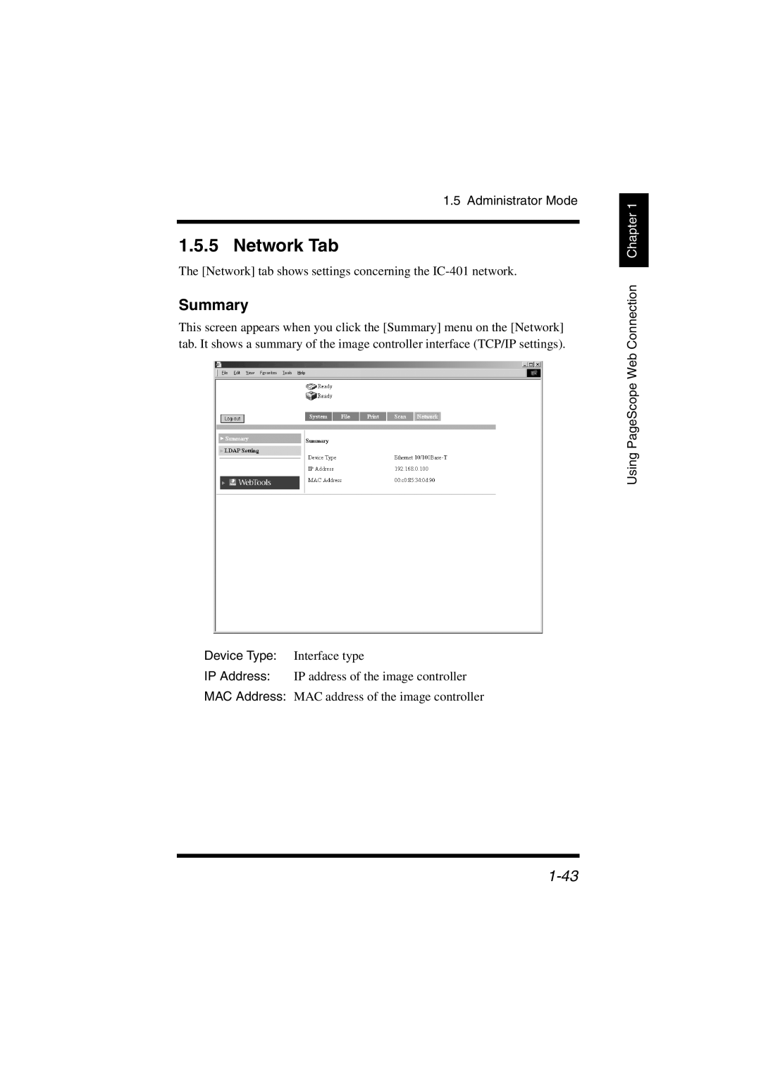 Konica Minolta IC-401 manual Network Tab, Summary 