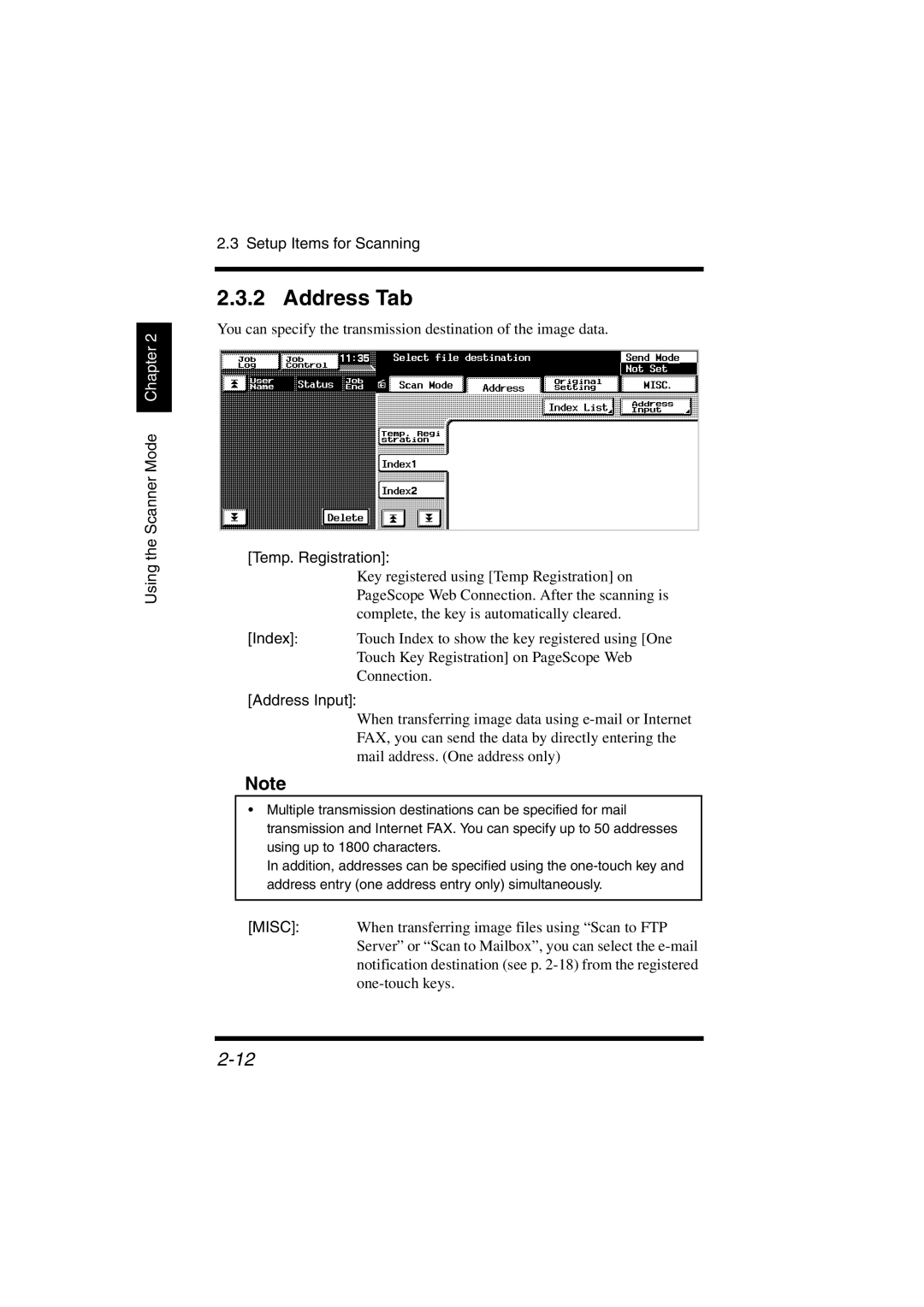 Konica Minolta IC-401 manual Address Tab, Using the Scanner Mode Chapter Setup Items for Scanning, Temp. Registration 