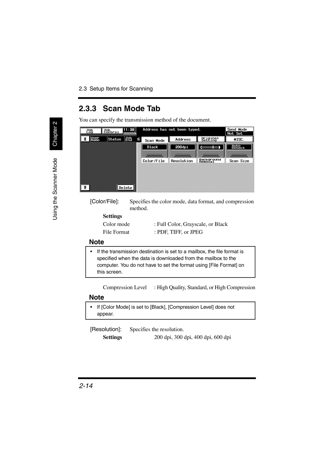 Konica Minolta IC-401 manual Scan Mode Tab, Color mode Full Color, Grayscale, or Black File Format 