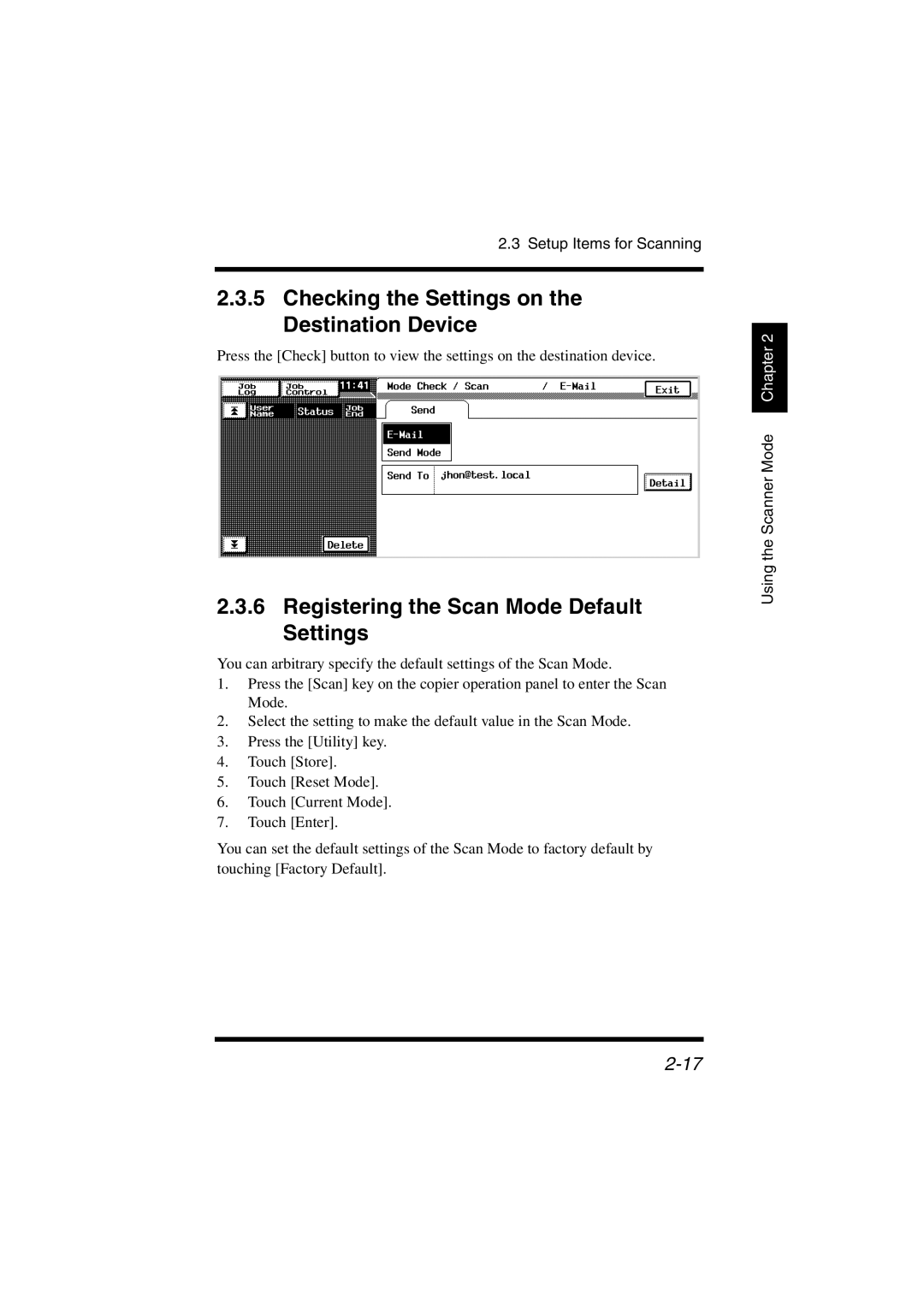 Konica Minolta IC-401 manual Checking the Settings on the Destination Device, Registering the Scan Mode Default Settings 