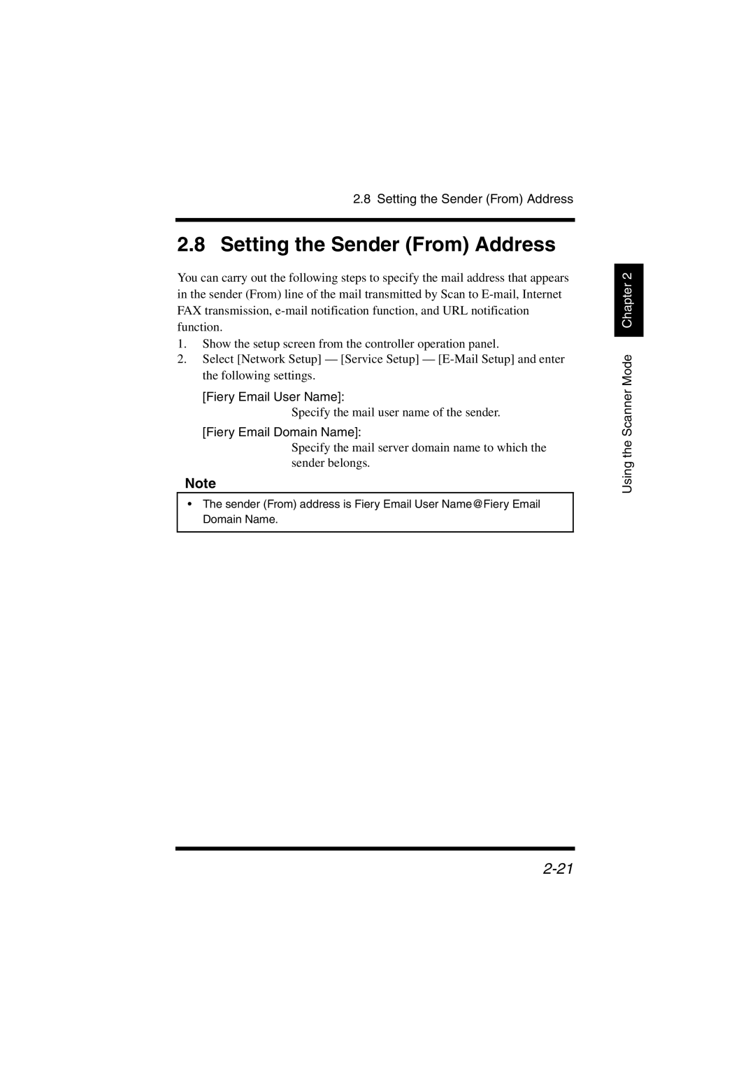 Konica Minolta IC-401 manual Setting the Sender From Address, Fiery Email User Name, Fiery Email Domain Name 