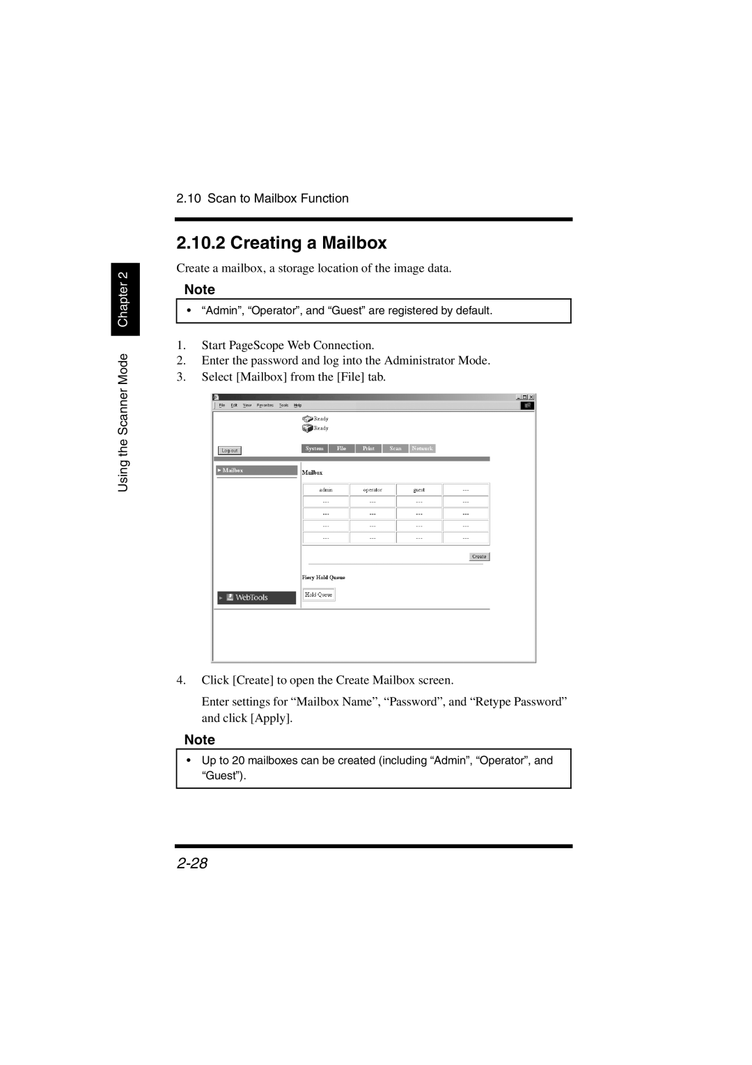 Konica Minolta IC-401 manual Creating a Mailbox, Using the Scanner Mode Chapter Scan to Mailbox Function 