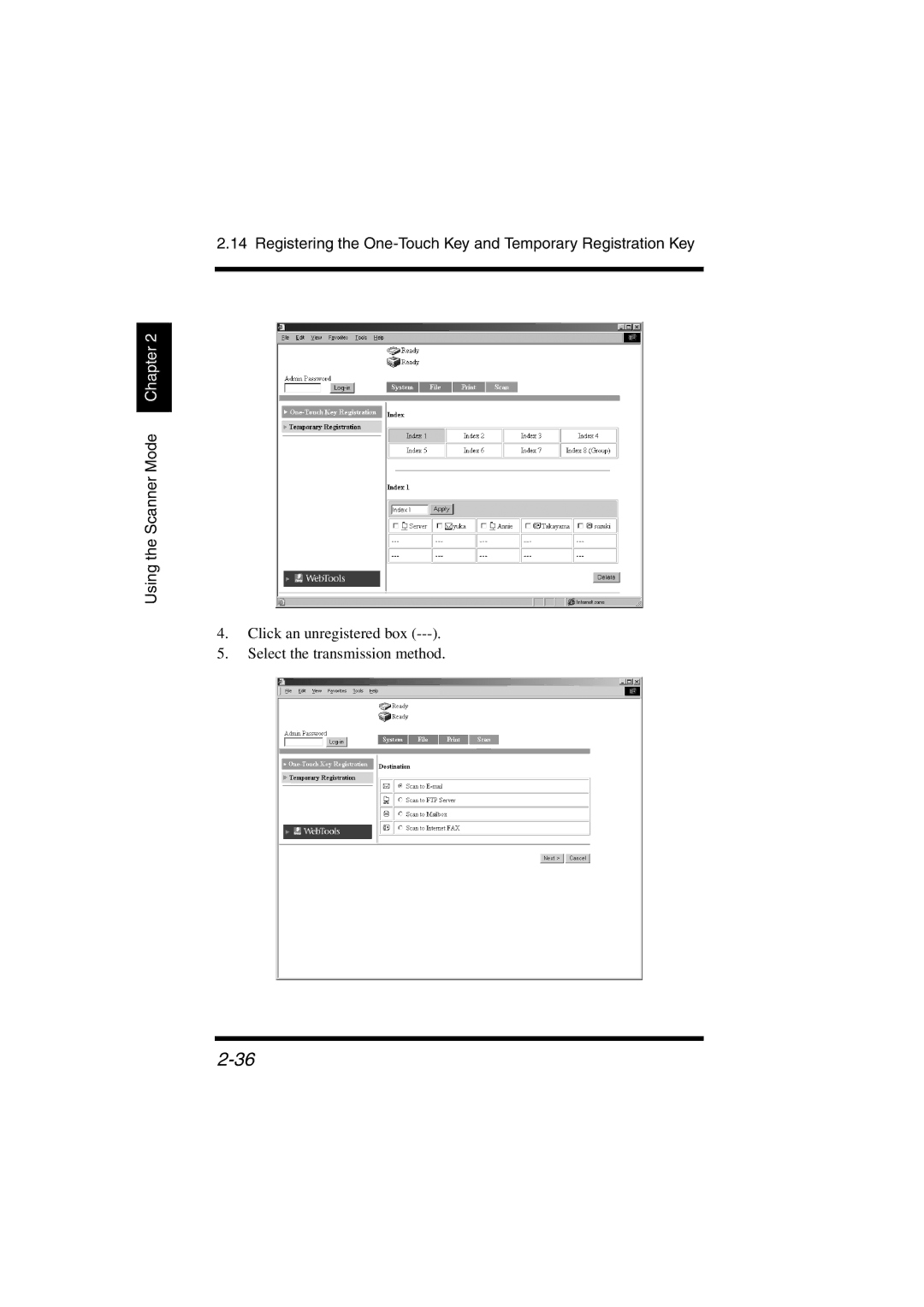 Konica Minolta IC-401 manual Click an unregistered box Select the transmission method 