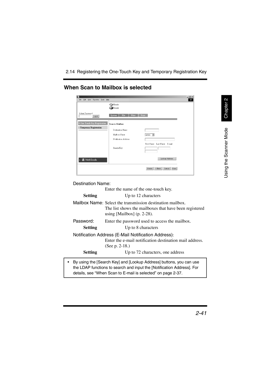 Konica Minolta IC-401 manual When Scan to Mailbox is selected, Password 