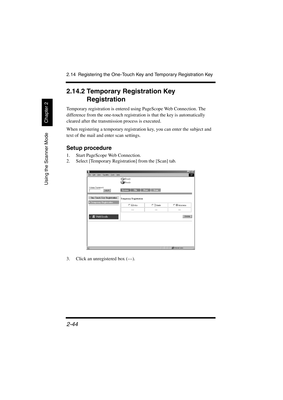 Konica Minolta IC-401 manual Temporary Registration Key Registration, Setup procedure 