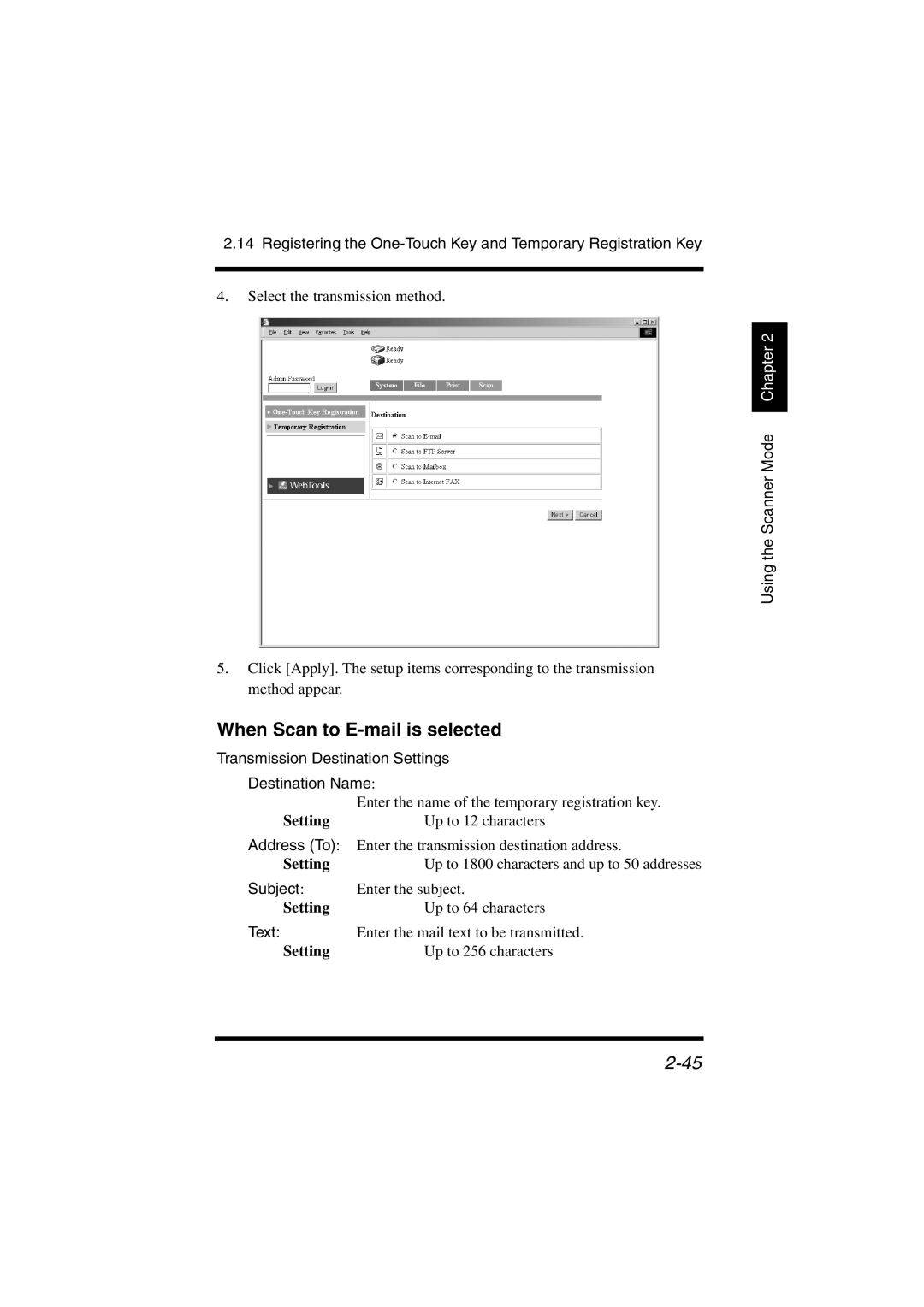 Konica Minolta IC-401 manual Transmission Destination Settings Destination Name, Subject, Text 