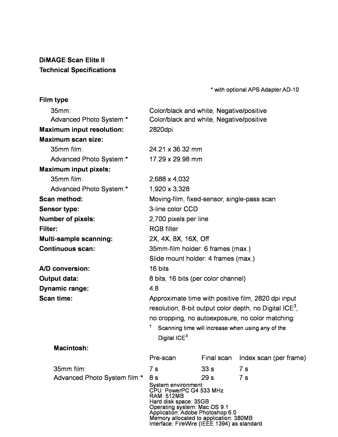Konica Minolta II technical specifications DiMAGE Scan Elite Technical Specifications 