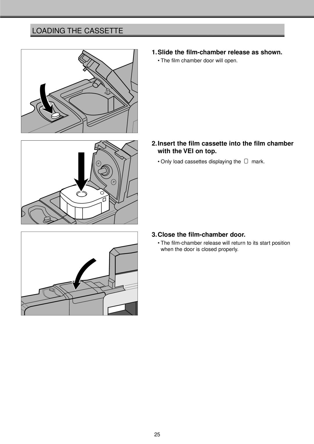 Konica Minolta II manual Loading The Cassette, Slide the film-chamberrelease as shown, Close the film-chamberdoor 