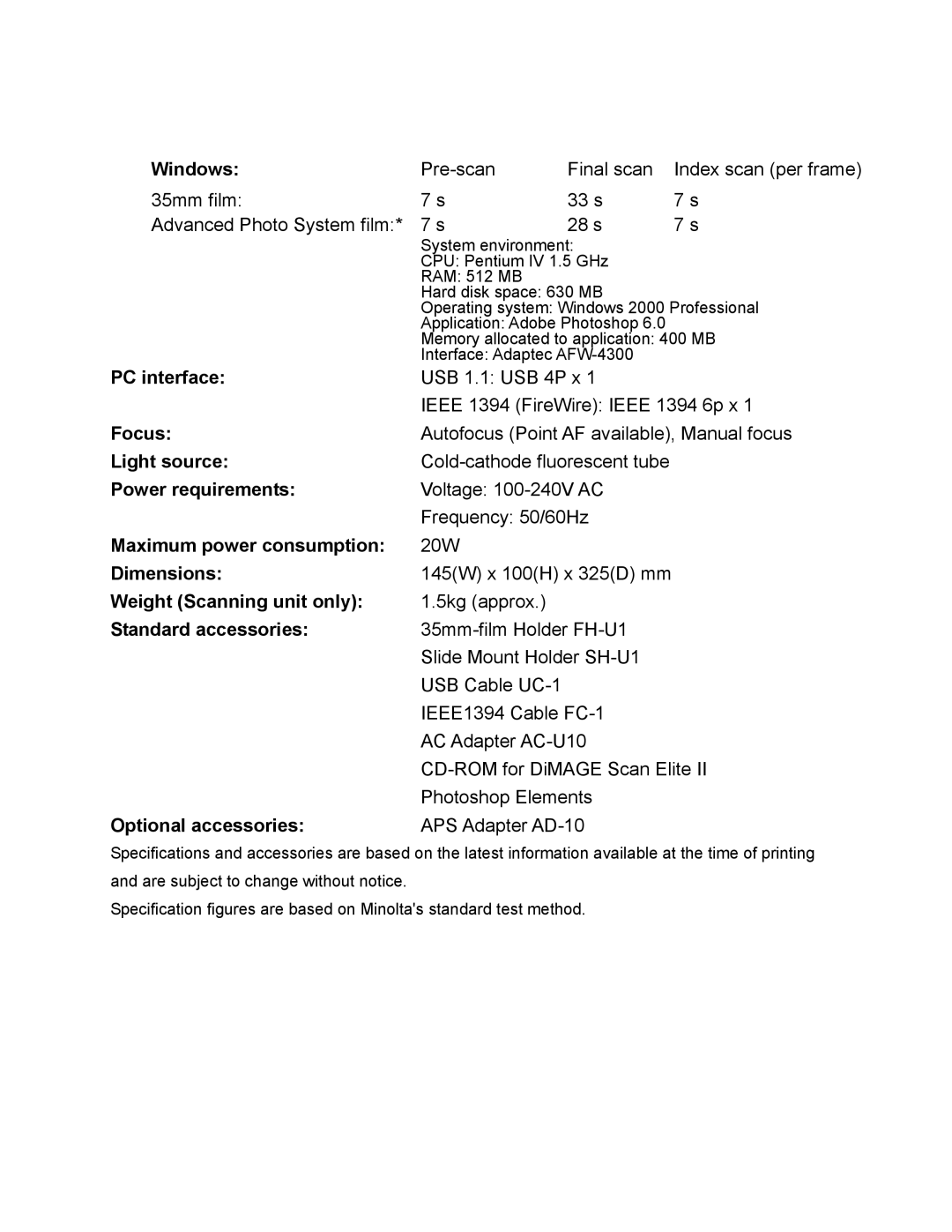 Konica Minolta II Windows, PC interface, Focus, Light source, Power requirements, Maximum power consumption, Dimensions 