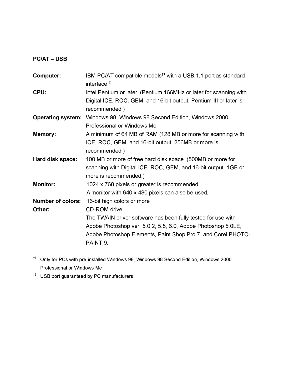 Konica Minolta II technical specifications Pc/At Usb, Paint 