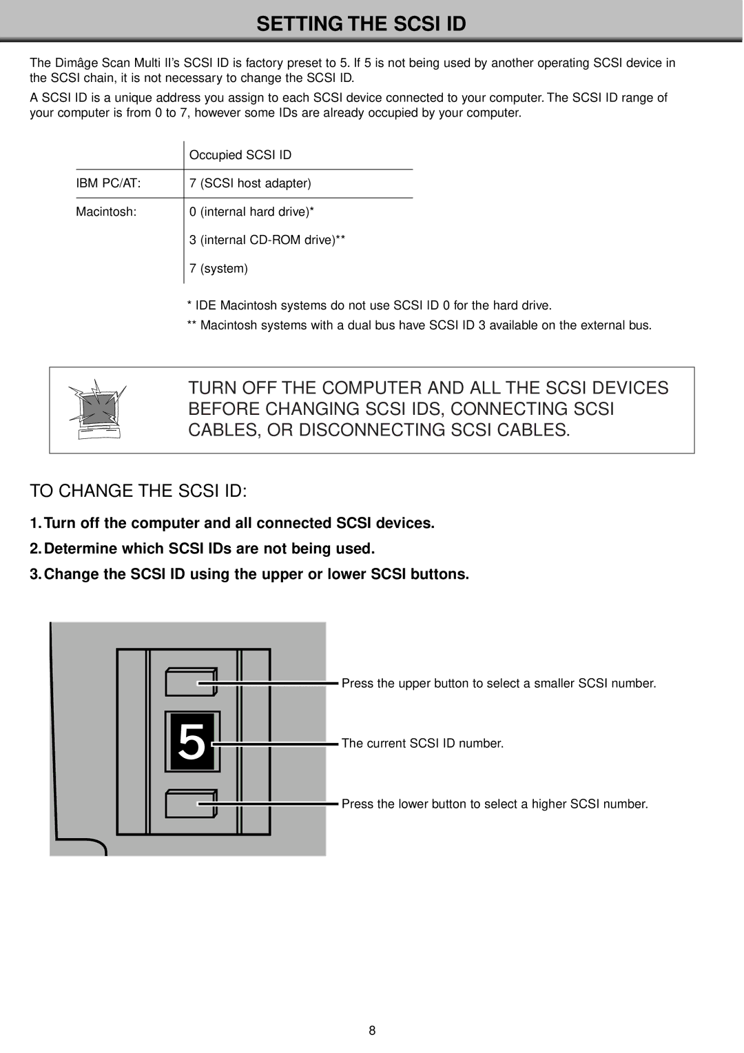 Konica Minolta II manual Setting the Scsi ID, Ibm Pc/At 