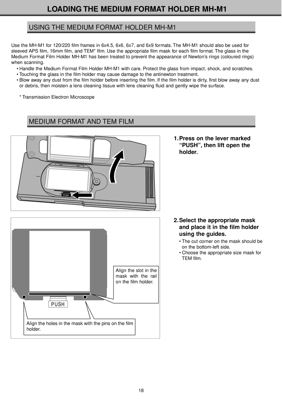 Konica Minolta II Loading the Medium Format Holder MH-M1, Using the Medium Format Holder MH-M1, Medium Format and TEM Film 