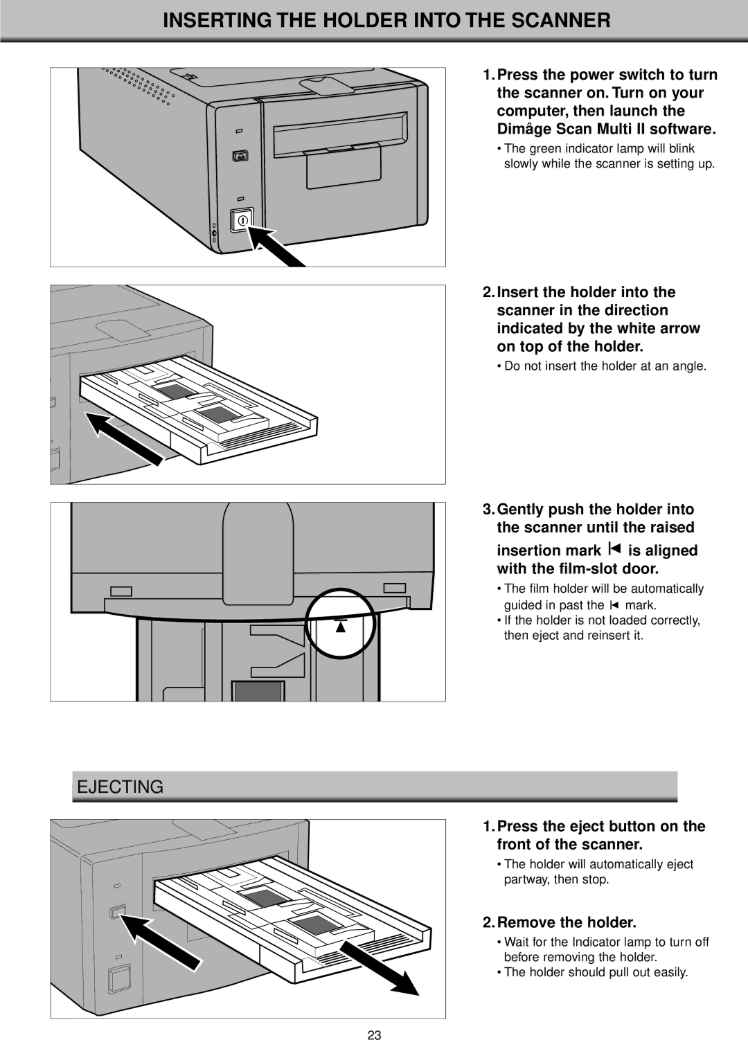 Konica Minolta II manual Inserting the Holder Into the Scanner, Ejecting 