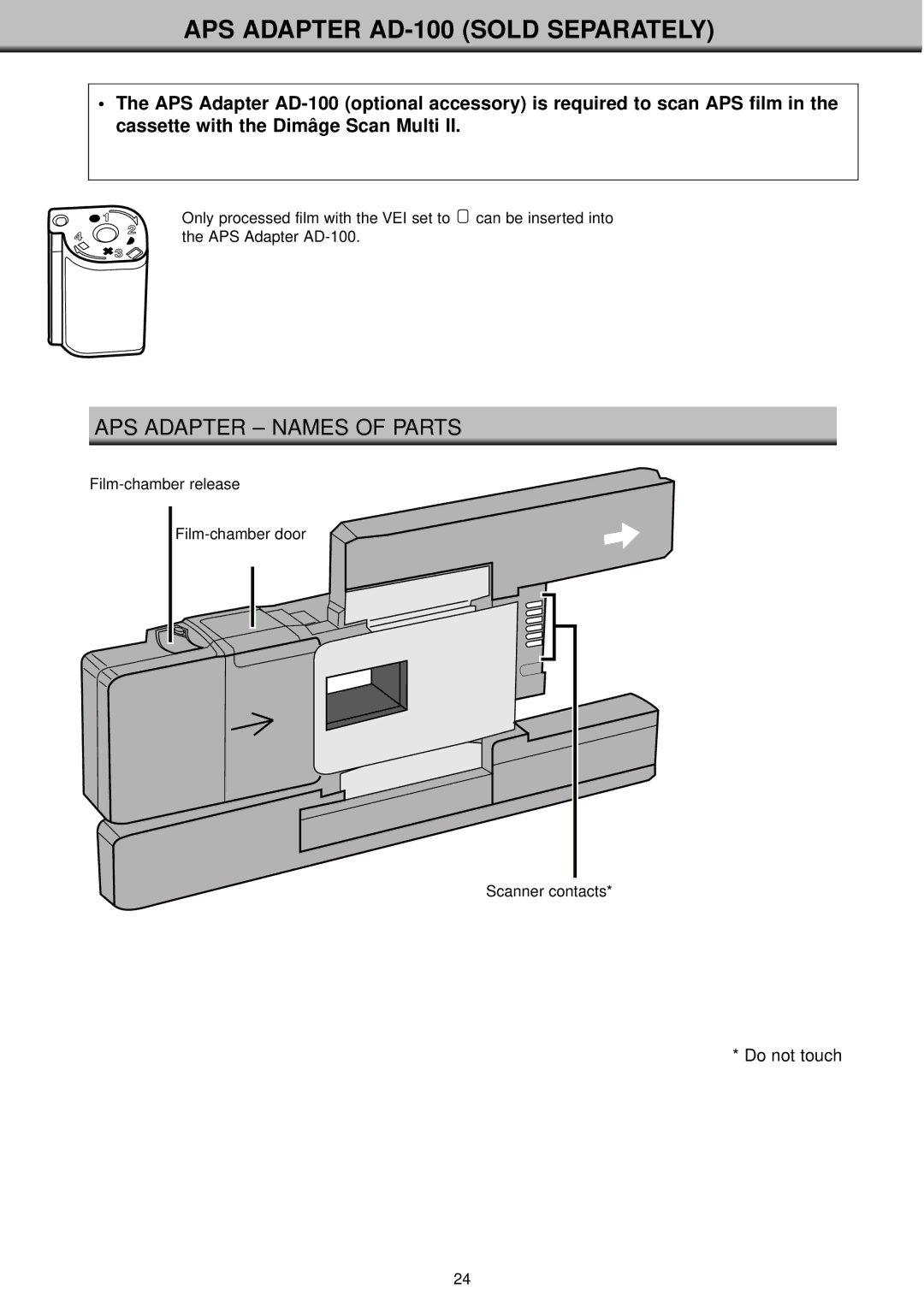 Konica Minolta II manual APS Adapter AD-100 Sold Separately, APS Adapter Names of Parts 